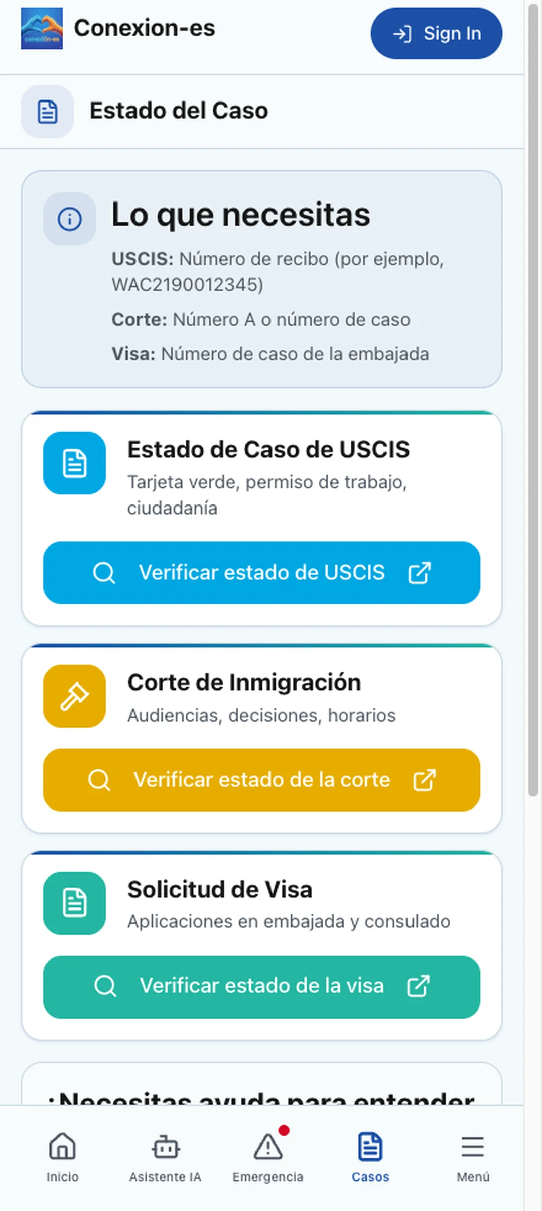 Pantalla de Estado del Caso de Conexión-es con enlaces oficiales a USCIS, la corte de inmigración y visas