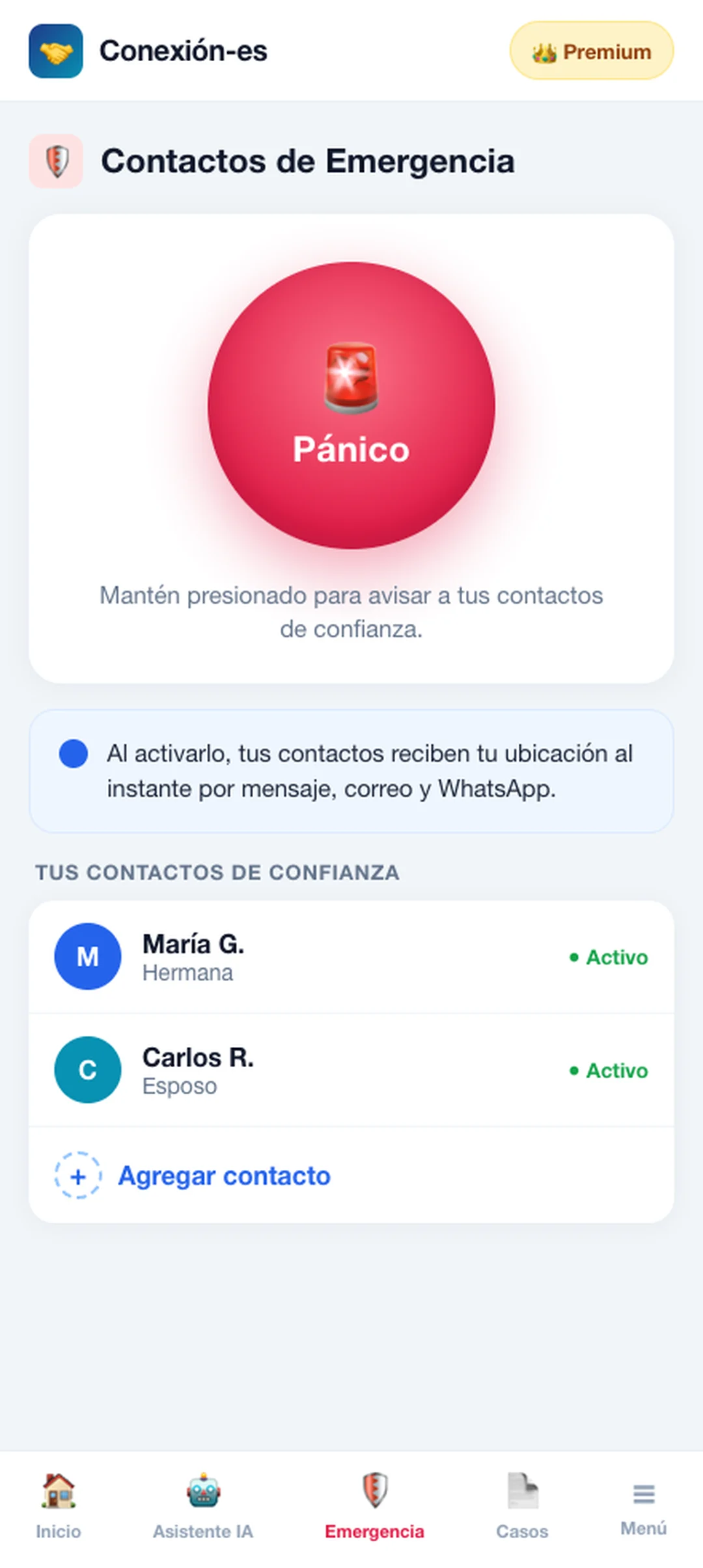 Pantalla de Alertas de Emergencia de Conexión-es con botón de pánico para avisar a tus contactos de confianza
